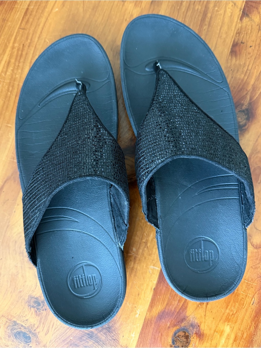FitFlop Lulu Superglitz Black Glitter Toe Post Sandals Women’s 10 Microwobbleboa